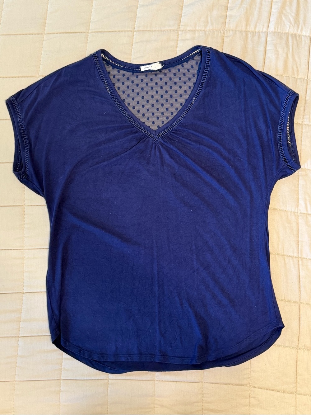 Anthropologie Navy V-Neck Short Sleeve Top with Polka Mesh Inset by Meadow Rue